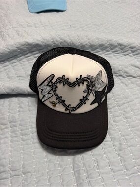 Hobby Lobby Black & White Trucker Hat with Heart, Stars & Lightning Accents